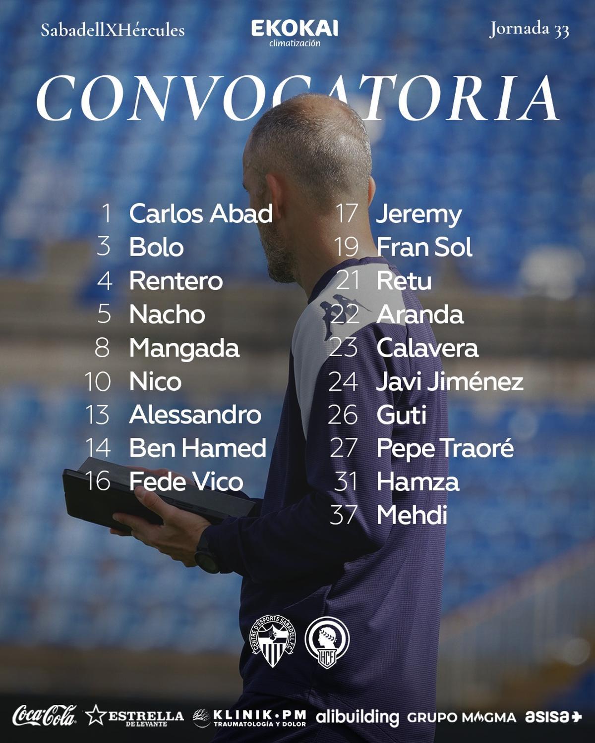 Convocatoria del Hércules para el encuentro de la jornada 33 en la Nueva Creu Alta de Sabadell.