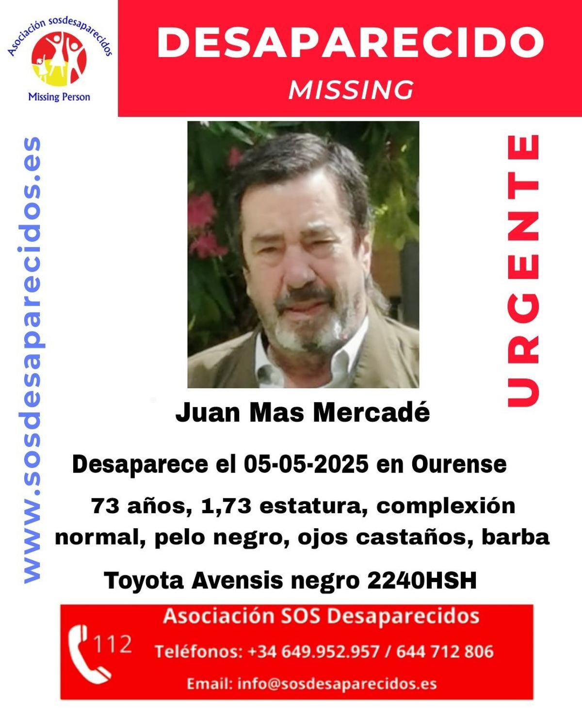 Cartel de SOS Desaparecidos con la fotografía y datos del septuagenario de Taboadela.
