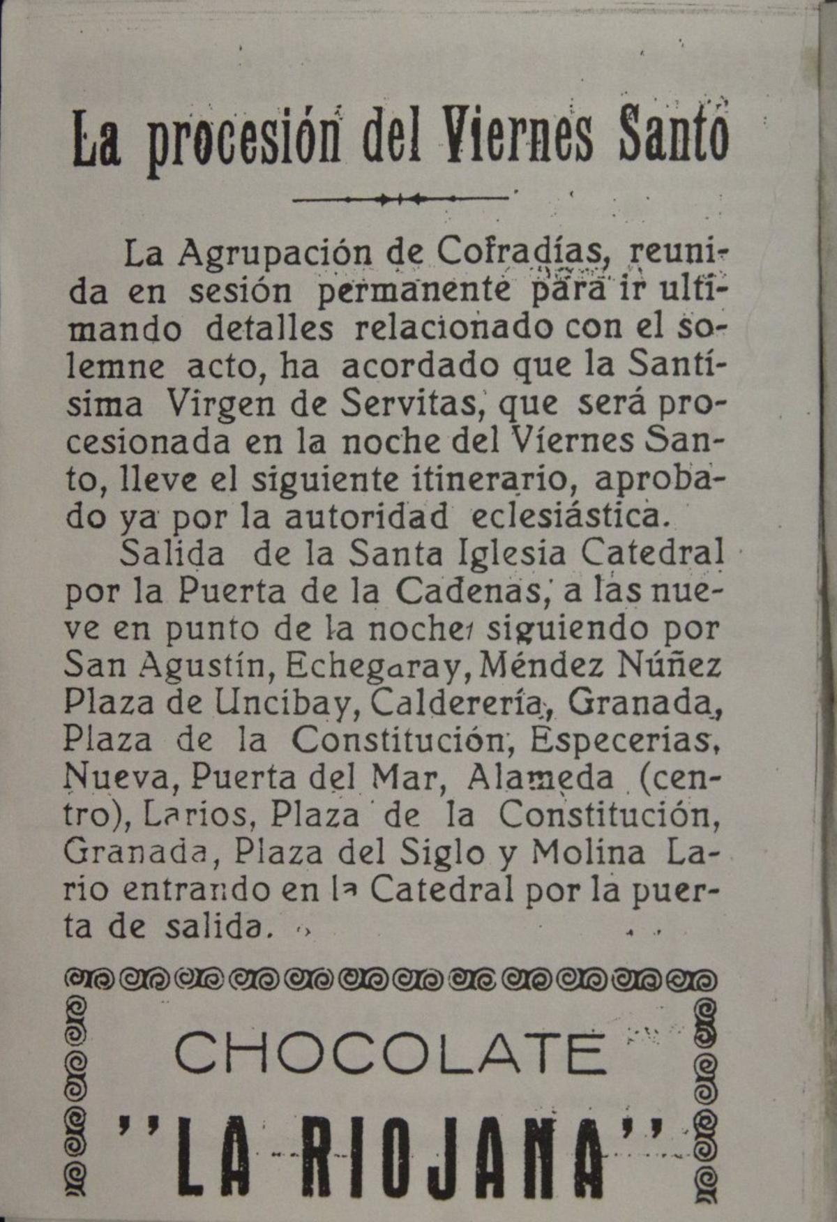 Itinerario de la procesión del Viernes Santo de 1937 en Málaga, la única de esa Semana Santa.