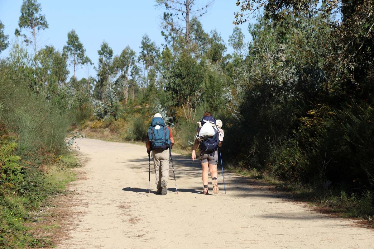 Dos peregrinos por la Variante Espiritual a su paso por Meis.