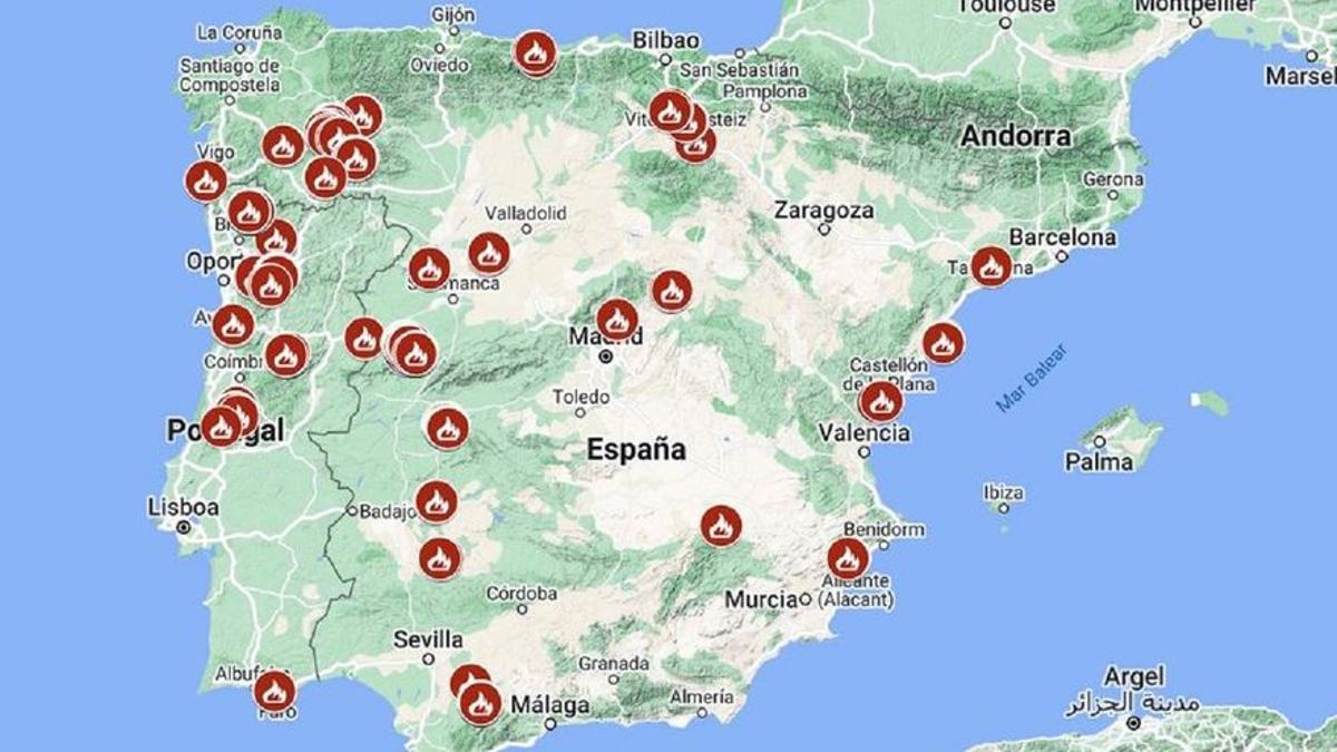 Mapa de la Península Ibèrica on es marquen els incendis actius