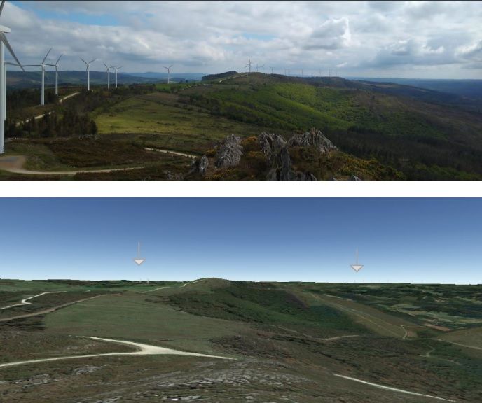 Vista desde el mirador Pico de Vales y recreación realizada por la empresa promotora de la vista tras la ejecución del parque eólico Caíño
