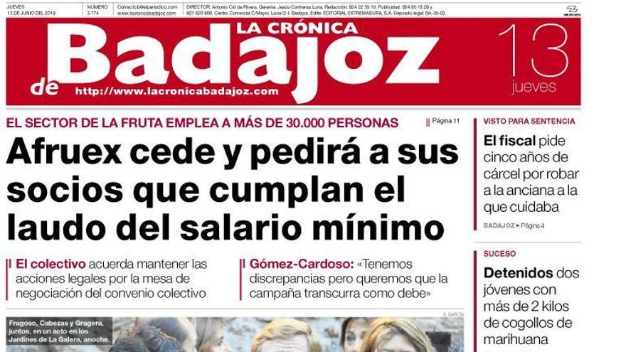 Esta es la portada de LA CRÓNICA DE BADAJOZ correspondiente al día 13 de junio del 2019