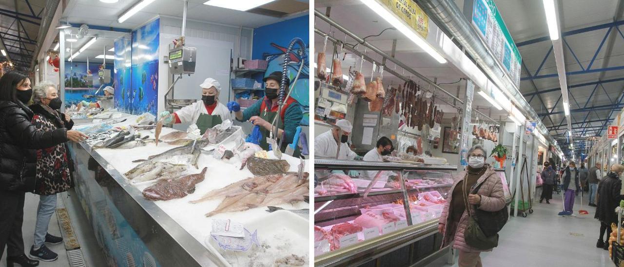 Clientas en la pescadería Lola&amp;Espe y en la carnicería Milucho, dos puestos de la plaza de abastos de Ourense. // IÑAKI OSORIO