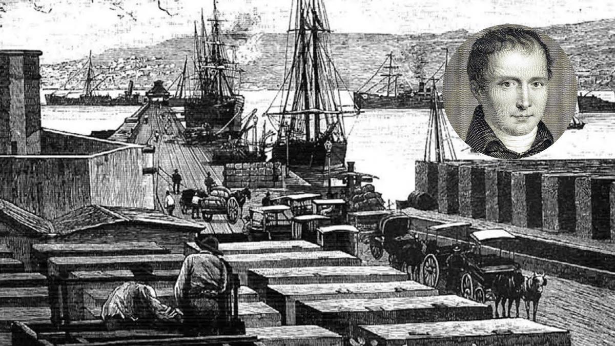Grabado histórico del Puerto de La Luz, realizado a partir de fotografías de finales del siglo XIX, junto a un retrato de José Bonaparte.