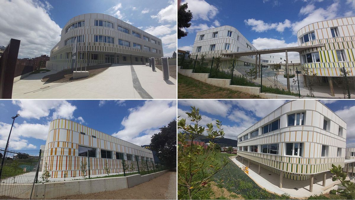 Arriba, por la izquierda: el acceso principal; el patio interior; el polideportivo y una de las áreas ajardinadas.