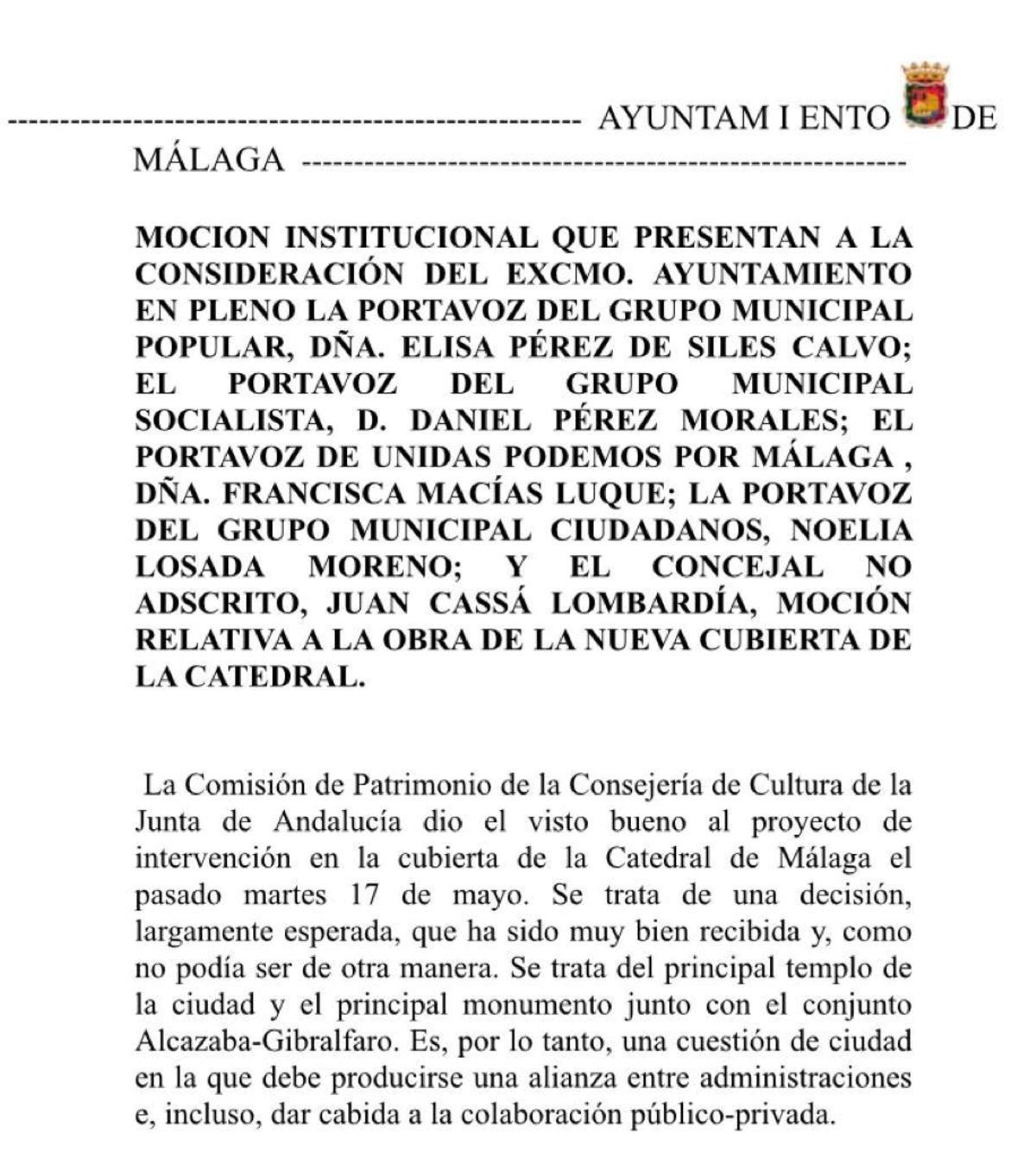 Imagen de la moción institucional del Ayuntamiento de Málaga sobre la Catedral.