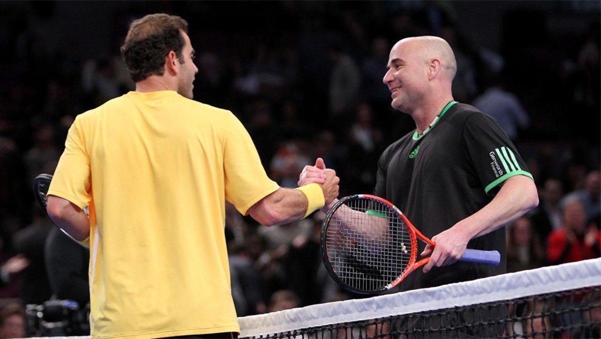 Andre Agassi greeting Pete Sampras after an exhibition match