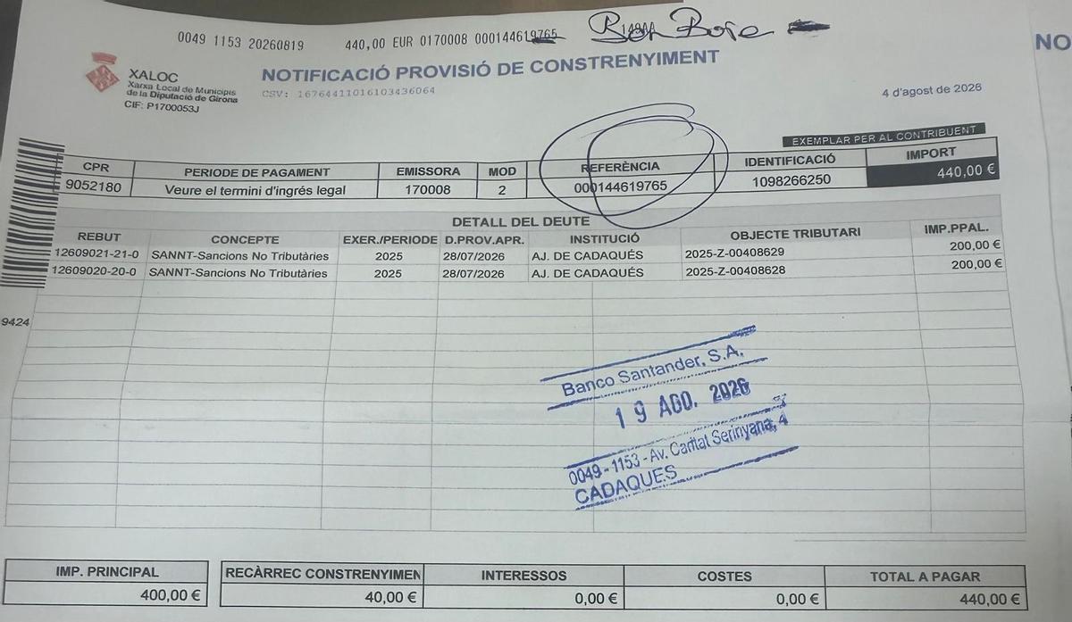 La sanció de 440 euros imposada a l'entitat cultural.