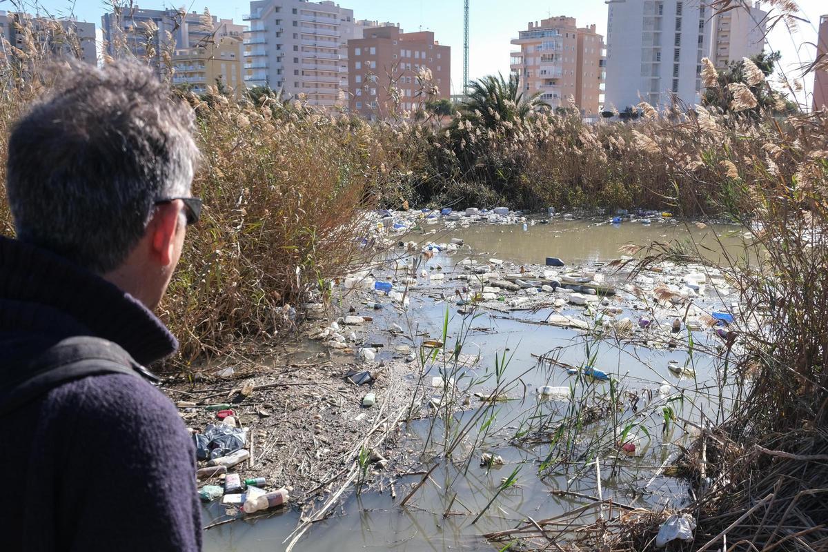 Sólidos flotantes, sobre todo envases de plástico de agua mineral, en el tramo final del río Segura de Guardamar