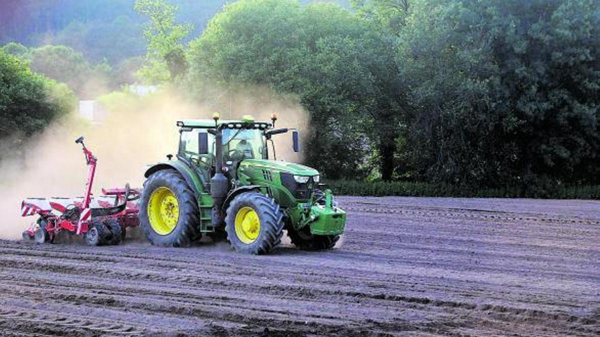 Un tractor en un campo de maíz a las afueras de Santiago. |   // XOÁN ÁLVAREZ