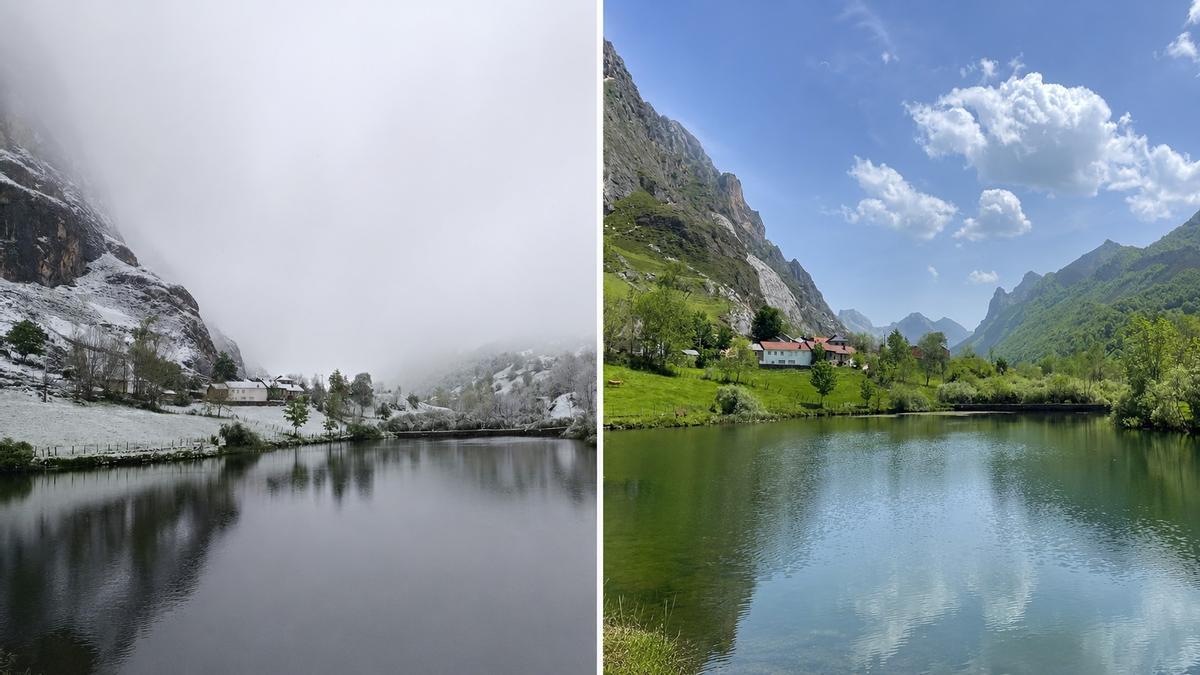 CONTRASTE EXTREMO EN UNA SEMANA. El mismo punto de Valle de Lago (Somiedo), hace una semana, nevado (a la izquierda) y con sol y a más de 30 grados ayer (a la derecha). La temperatura máxima hace siete días apenas alcanzó los 12,5 grados en Pola de Somiedo, donde ayer rozó los 32.