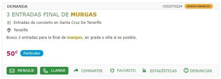 Algunas de las ofertas y demandas de entradas para el concurso de murgas adultas que se ofrecen en internet