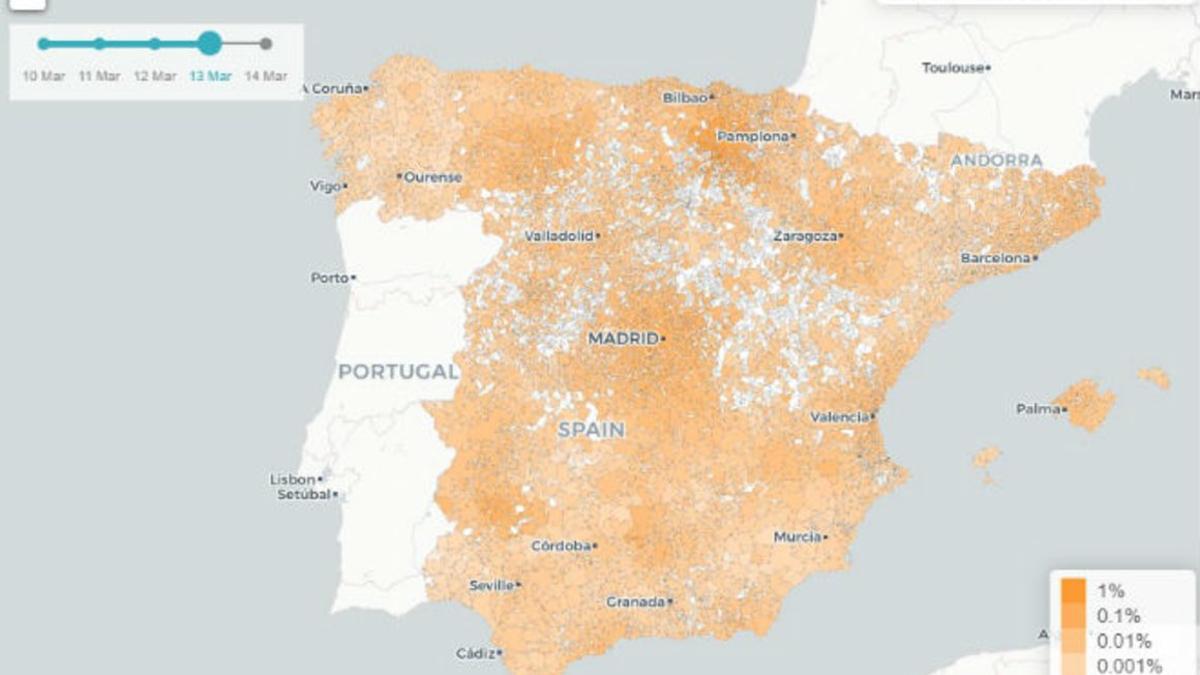 Mapa predictivo del coronavirus en España, elaborado por la URV y la Universidad de Zaragoza.