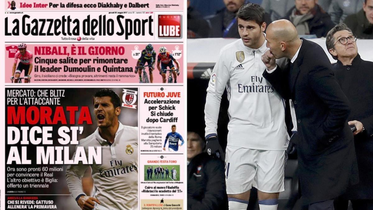 Izquierda, portada de la 'Gazzetta dello Sport' del 25 de mayo. Derecha, Zinedine Zidane y Álvaro Morata durante un partido del Real Madrid en el Santiago Bernabéu