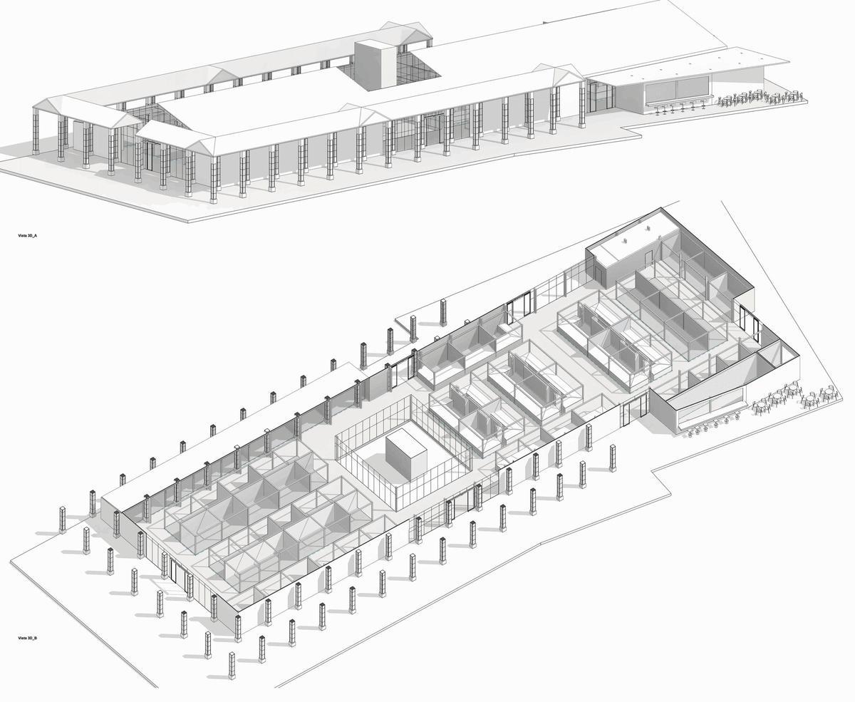 Planta y alzado del mercado provisional de Castelló.