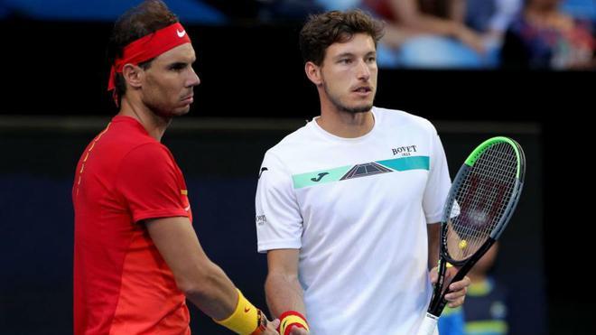 Rafa Nadal y Pablo Carreño, en un partido de dobles de la Copa Davis