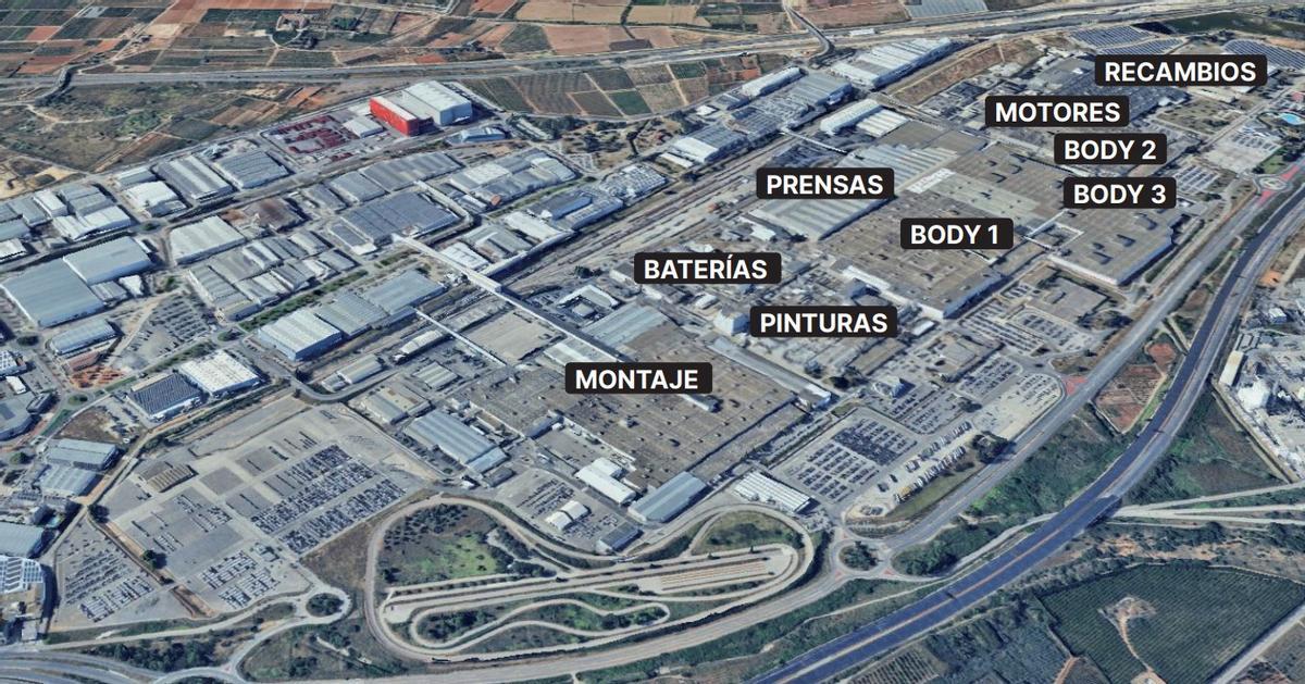 Panoràmica de la factoria Ford a Almussafes amb cada una de les àrees que la conformen