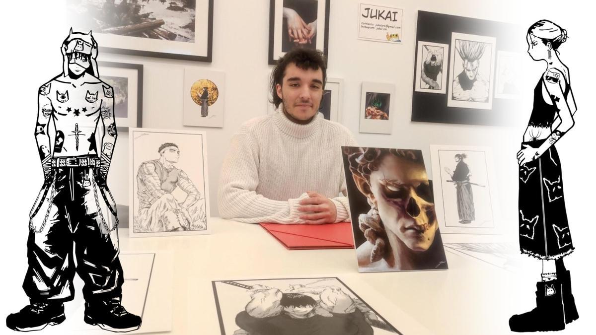 Juan Unibaso en una imagen tomada en la feria de ilustración y, sobreimpresas, dos de sus últimas creaciones.
