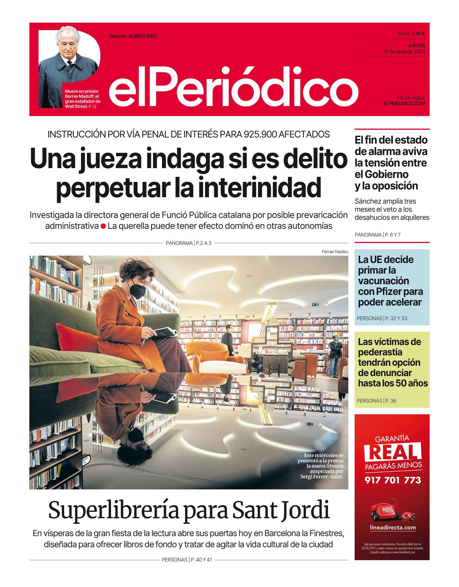 La portada de EL PERIÓDICO del 15 de abril de 2021