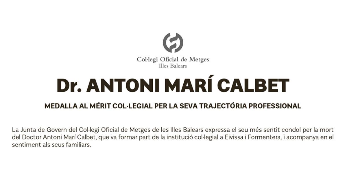 Esquela Antoni Marí Calbet (Col.legi Oficial de Metges de les Illes Balears)