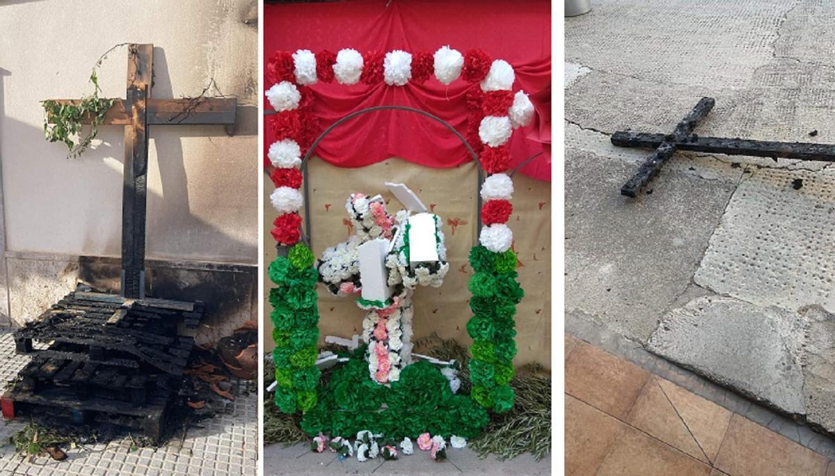 Cruces quemadas y exornos florales destrozados en Montilla.