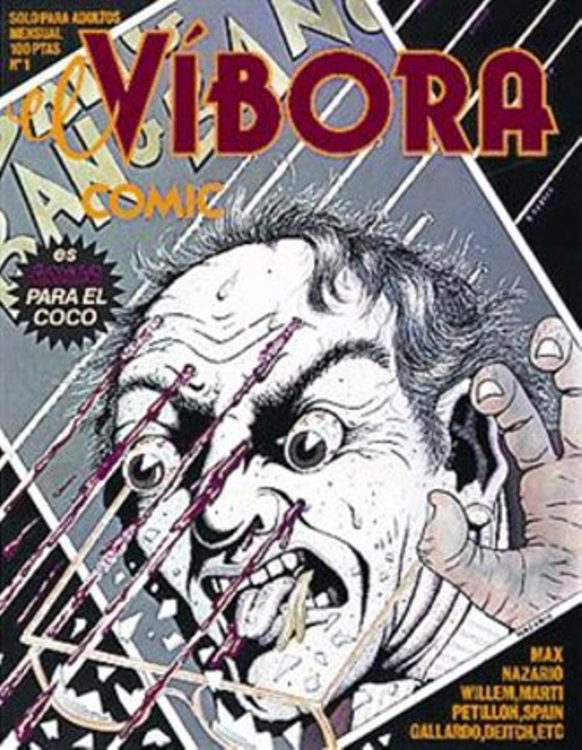 D’esquerra a dreta, originals de Daniel Clowes, Yoshihiro Tatsumi, Robert Crumb i Max per a portades d’’El Víbora’ i La Cúpula; a sota, número 1 de la revista, amb dibuix de Nazario.