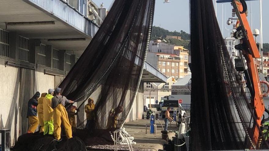 Un grupo de marineros preparando las redes de una embarcación de cerco en el puerto de Ribeira / suso souto