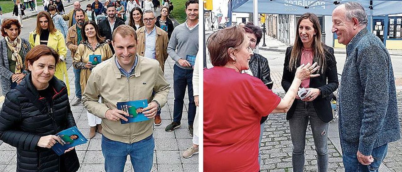 Carmen Moriyón, en la imagen de la izquierda, con Adrián Pumares en un reparto de propaganda en el rastro. A la derecha, Ángela Pumariega charla con vecinos de El Natahoyo durante la campaña electoral. | Marcos León