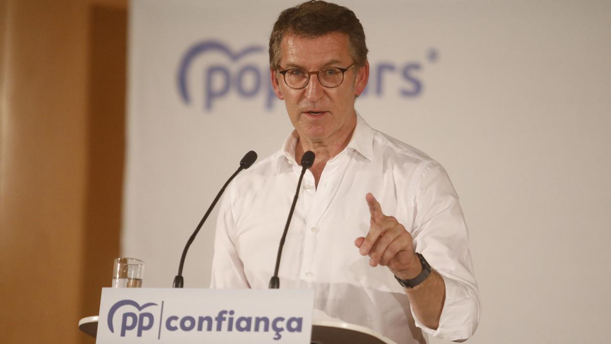 Archivo - El presidente del Partido Popular (PP), Alberto Núñez Feijóo, interviene durante el XIV congreso del Partido Popular catalán, a 23 de julio de 2022, en Barcelona, Cataluña (España).