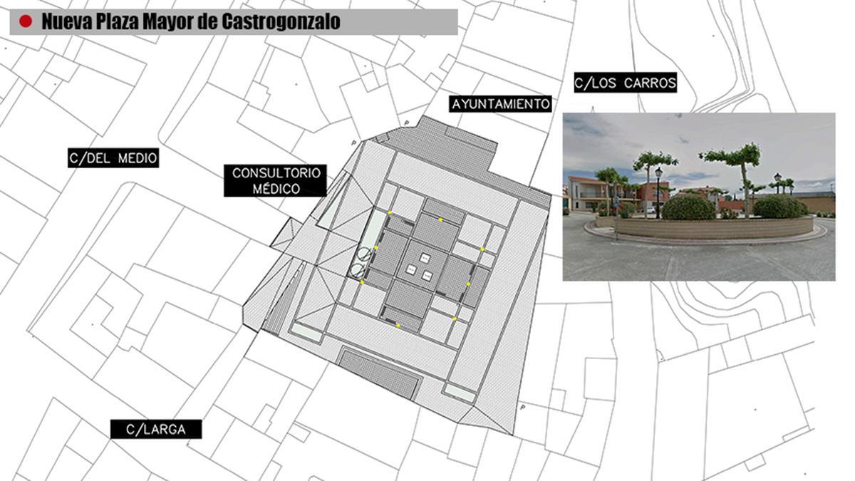 Diseño de la nueva plaza e imagen de la actual.