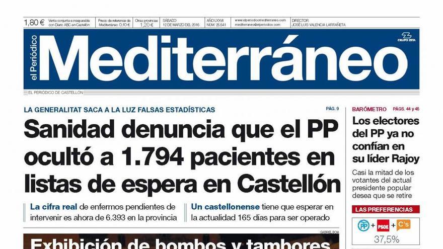 Sanidad denuncia que el PP falseó las listas de espera en Castellón, hoy en la portada de Mediterráneo