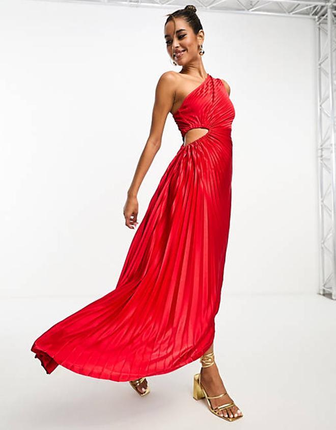 Vestido midi rojo asimétrico y plisado con abertura lateral de Asos