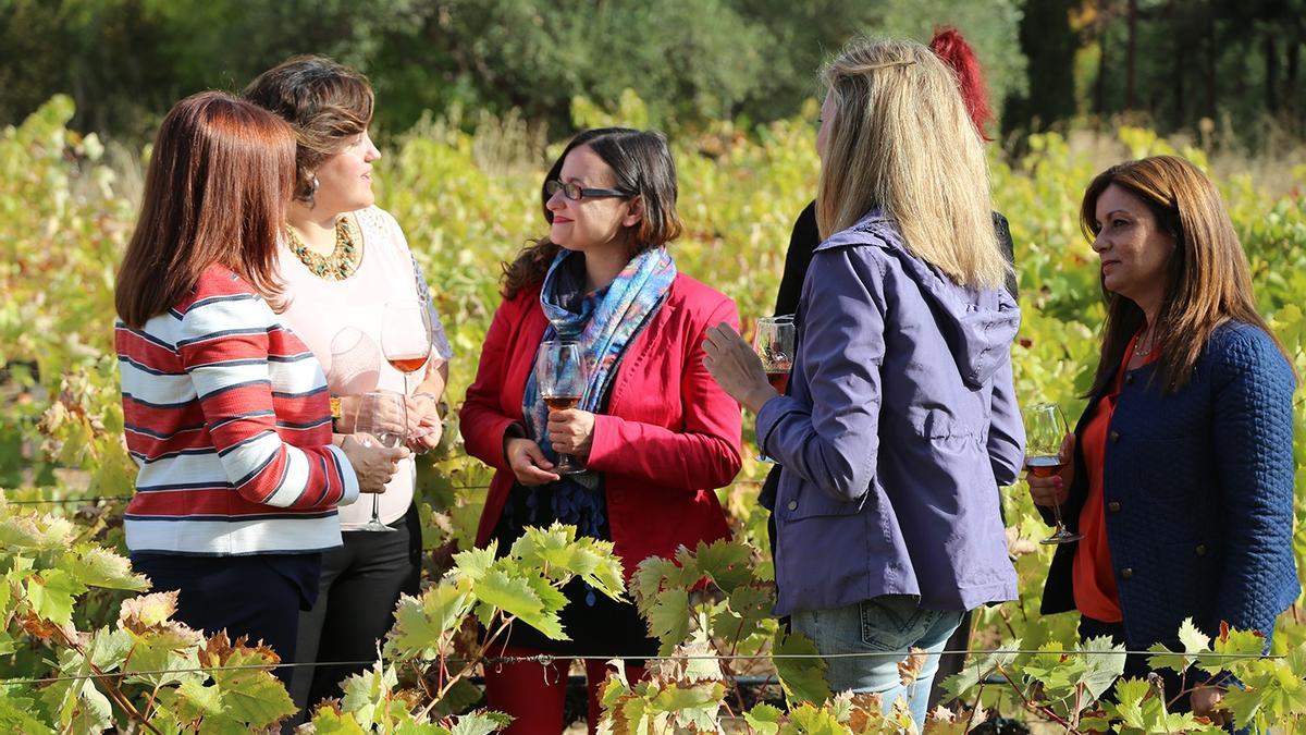 Un grupo de mujeres visitan el viñedo ecológico de Bodegas Robles.