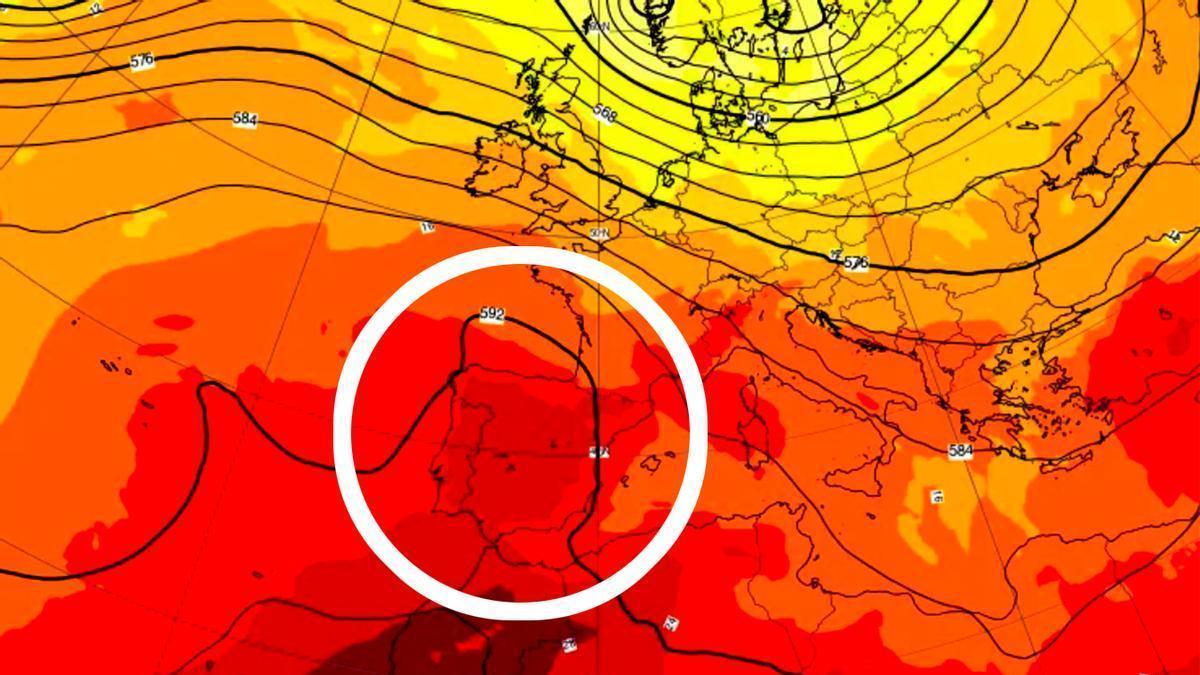 Mapa del ECMWF previsto para el lunes en las horas centrales del día, con una masa de aire muy cálida extendiéndose hacia la Península.