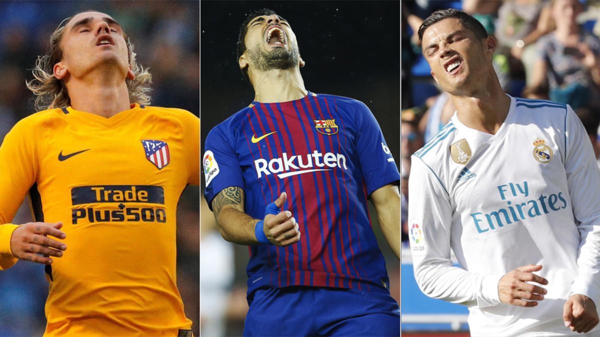 Antoine Griezmann (Atlético), Luis Suárez (FC Barcelona) y Cristiano Ronaldo (Real Madrid)