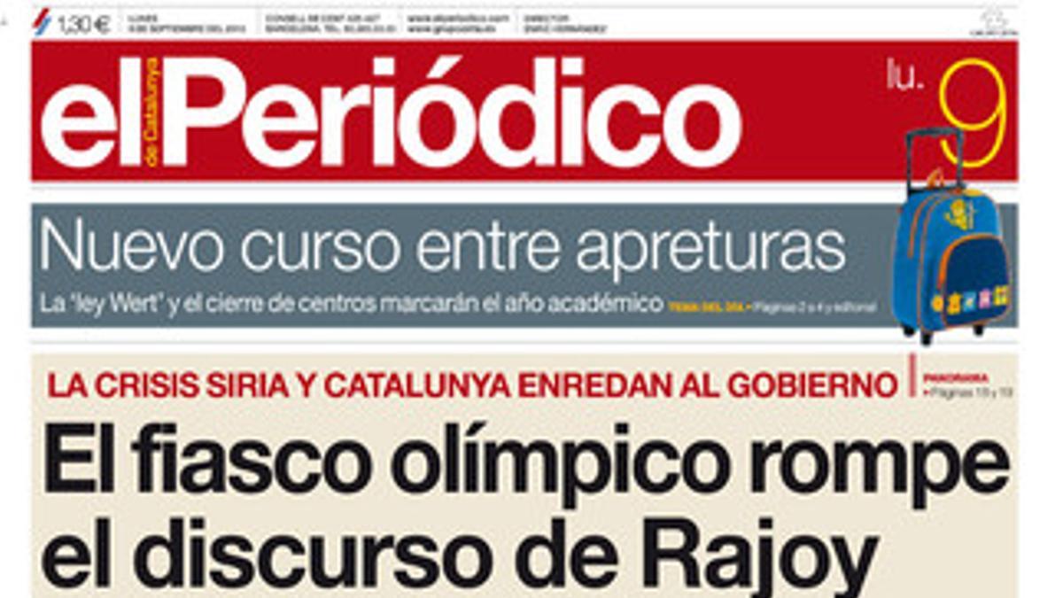 La portada de EL PERIÓDICO (9-9-2013).