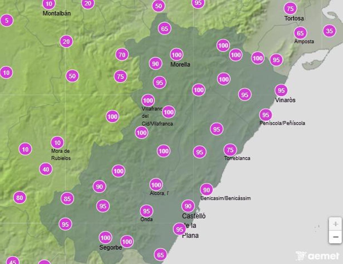 Probabilidad de lluvia en Castellón el miércoles entre las 12.00 y las 18.00 horas.
