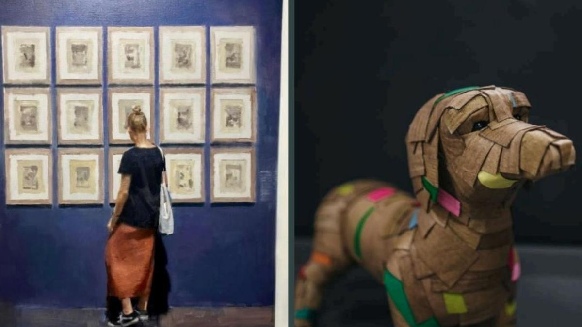 A la izquierda, «Caprichos», un óleo y spray sobre lienzo de Carlos Tárdez. A la derecha, la obra «Teckel n.º 10» de Cova Orgaz, realizado en cartón policromado.