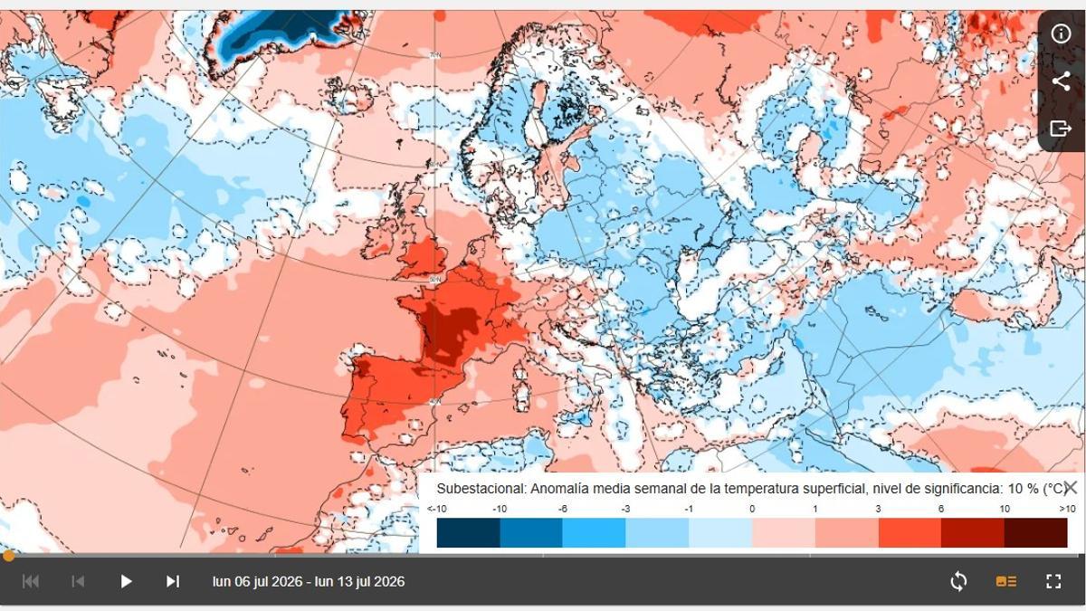 Gráfico de las anomalías medias de la temperatura superficial durante 7 días.