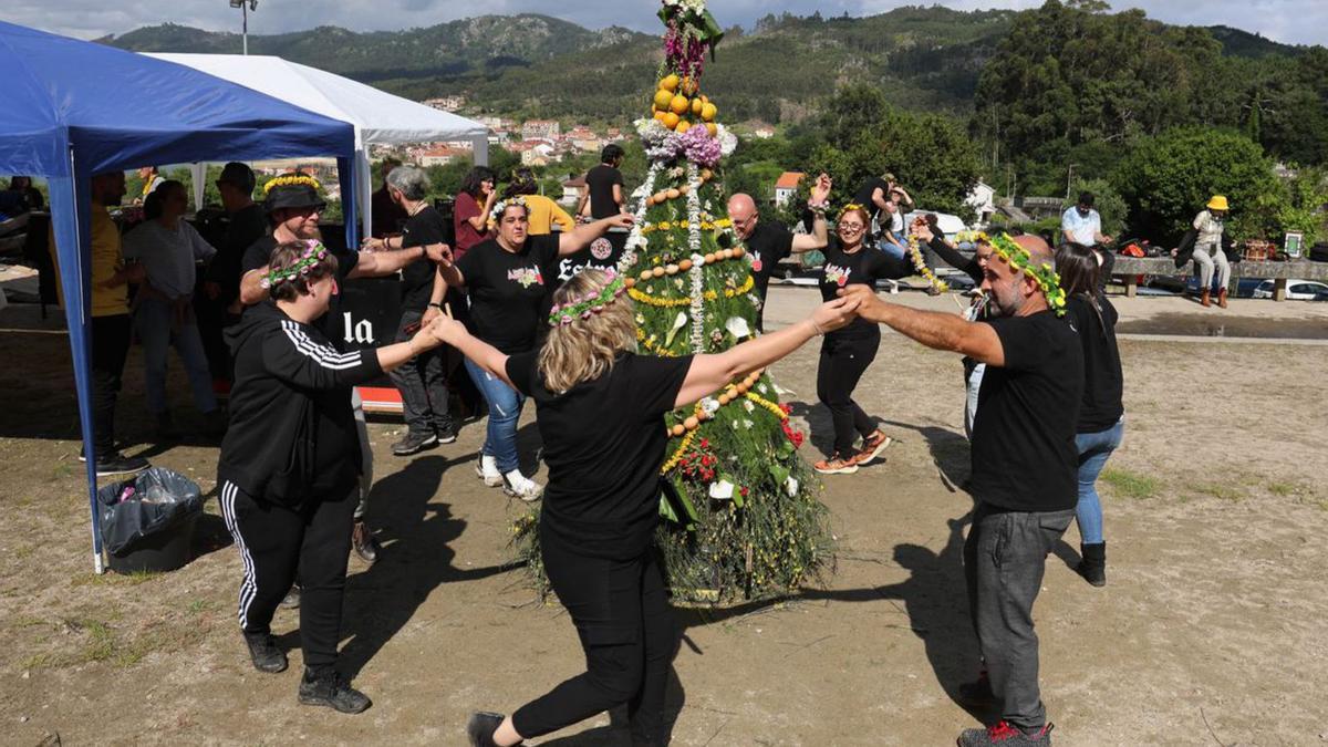 Un momento de los bailes en torno al “maio” elaborado en O Hío.