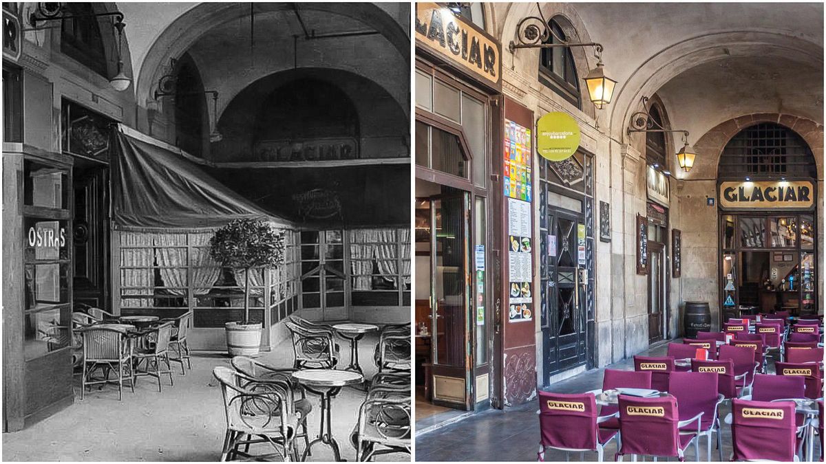 La terraza del restaurante Glaciar, en los años 40 y en 2019.