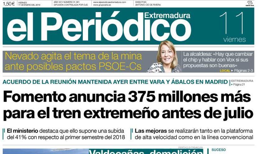 Esta es la portada de EL PERIÓDICO EXTREMADURA correspondiente al día 11 de enero del 2019