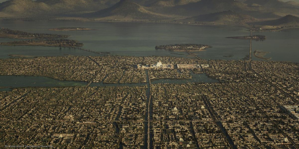 Esta imagen proviene del proyecto digital «Tenochtitlan.thomaskole.nl», en el que se reconstruye en 3D la antigua capital mexica. Las imágenes de Tenochtitlán son obra de Thomas Kole.