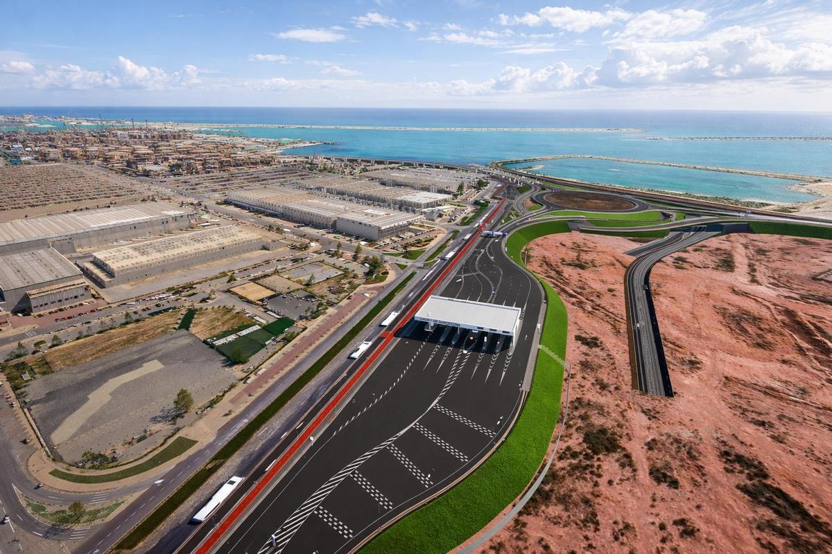 Simulación del nudo norte que ahora licitará el Port de Barcelona, con las taquillas de peaje que habrá antes de acceder a la gran rotonda..