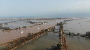 Vista aérea del delta del Ebro tras el paso del temporal Gloria