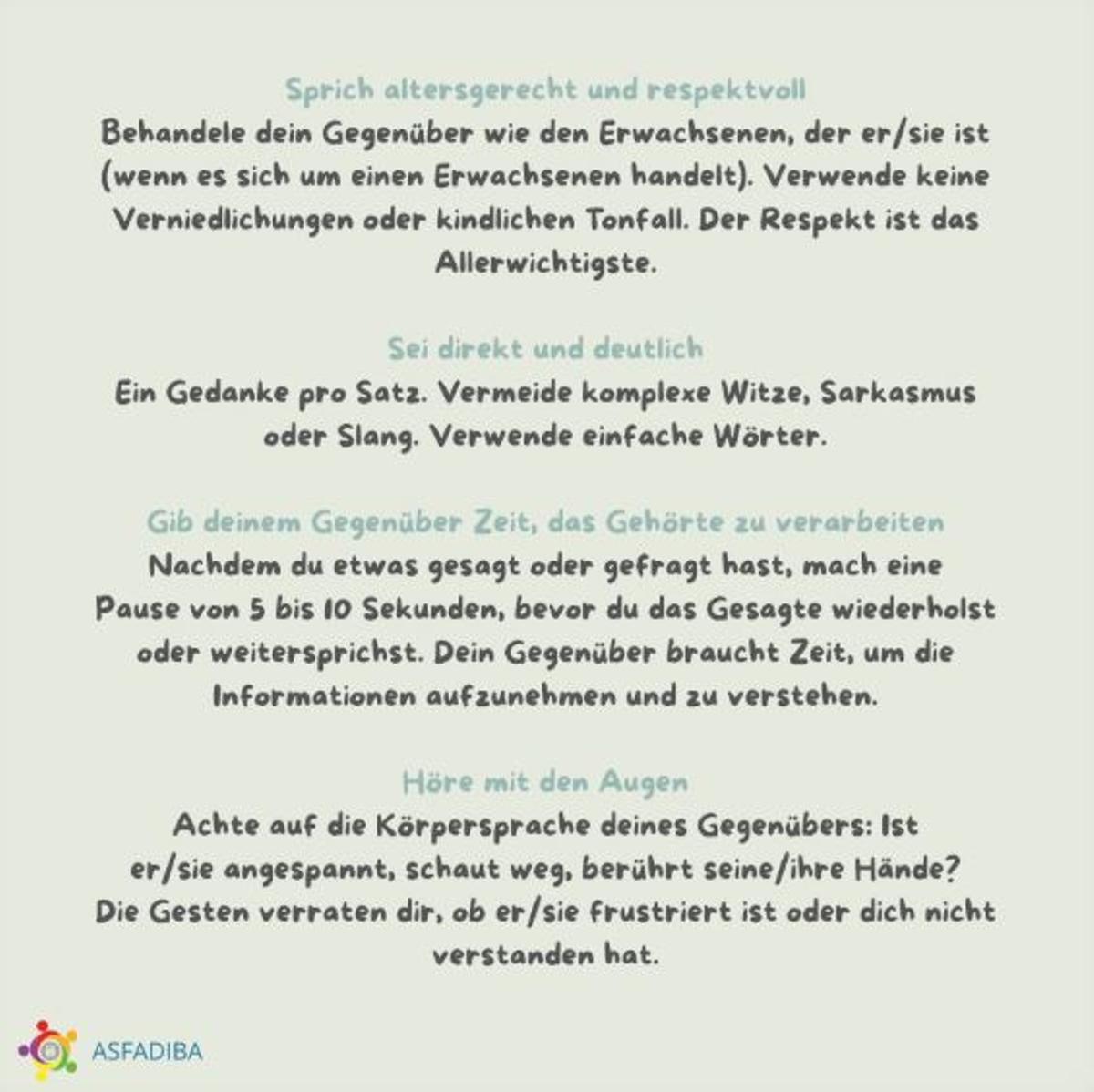 Die vier goldenen Regeln der Kommunikation mit Menschen mit intellektueller Behinderung.