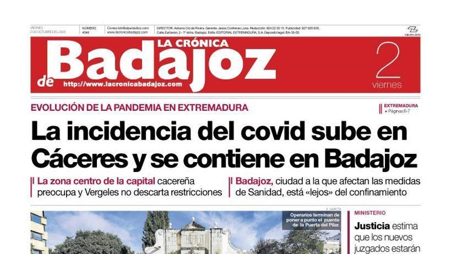 Esta es la portada de LA CRÓNICA DE BADAJOZ correspondiente al día 2 de octubre del 2020