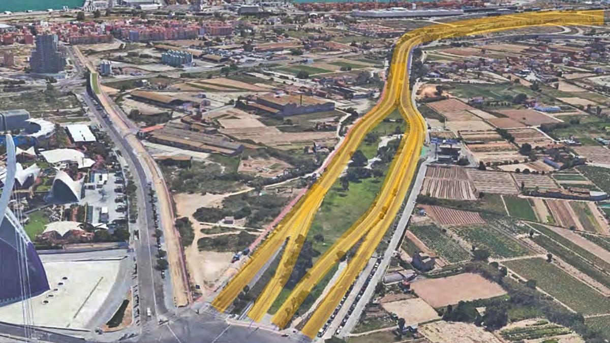 El tramo marcado en amarillo es el que se va a asfaltar, desde la rotonda del Centro Comercial El Saler hasta el kilómetro 3. | LEVANTE-EMV