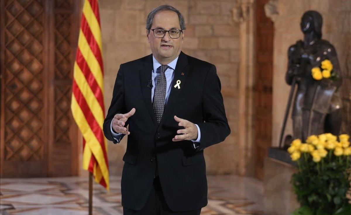 Quim Torra, durante la declaración institucional con motivo de Sant Jordi.